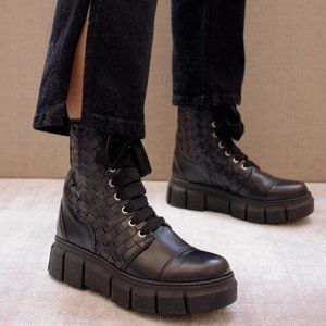 ALOHAS Can Can Black Braided Leather Combat Boots